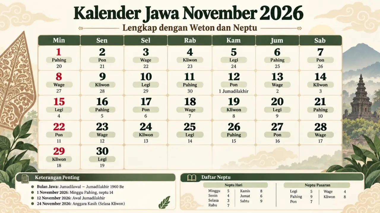 Kalender Jawa November 2026 Lengkap dengan Weton dan Neptu 1–30 November